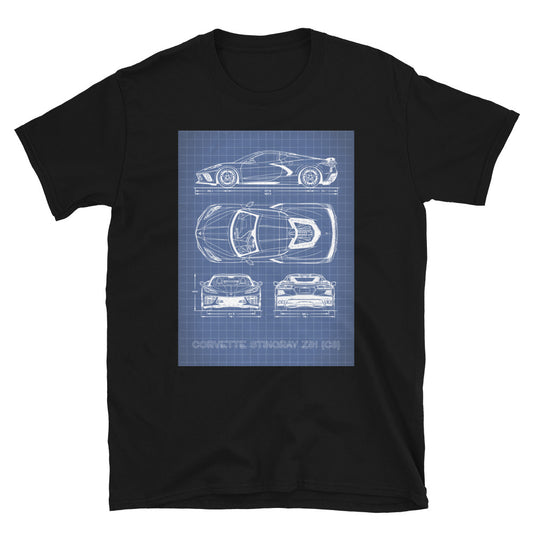 A black staple t-shirt featuring a blueprint drawing of a 2023 C8 Corvette Z51, crafted from 100% ring-spun cotton for softness and comfort. Double stitching on the neckline and sleeves enhances durability. Available in Sport Grey, Dark Heather, and classic cotton options. Shoulder-to-shoulder taping and quarter-turned design for optimal fit. Ideal for C8 Corvette owners and fans.