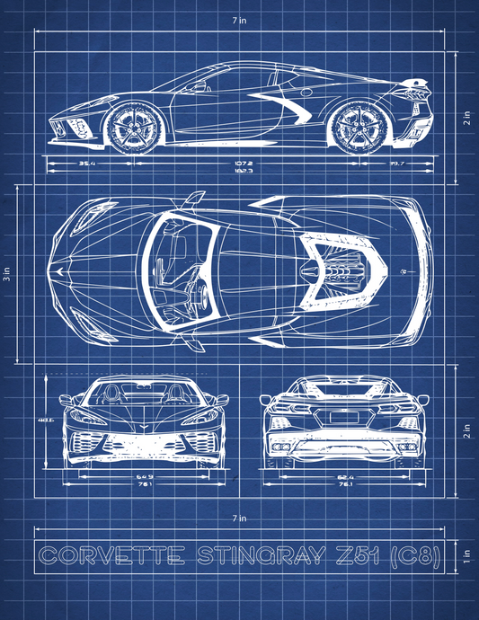 C8 Corvette Stingray Blueprint Decal Pack - 8.5" x 11" Sheet